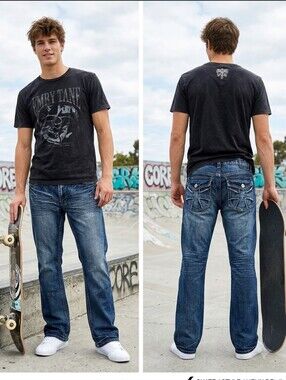 Helix Men's Relaxed Dark Blue Washed Cross Pocket Jeans Skater Jeans 36/34